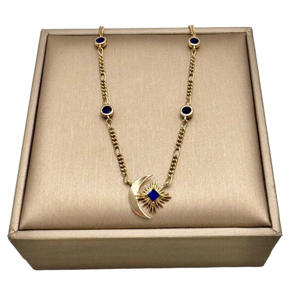 Last Week of Closet! NWT 18K Gold Plated Star Moon Blue Sapphire Necklace 18” - Picture 6 of 16